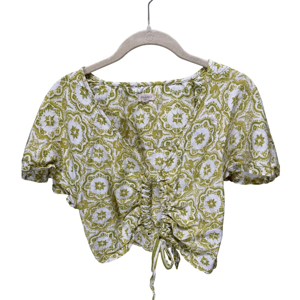Pilcro Top Womens S Green Medallion Tile Ruched Front Linen Blend Cropped Boho